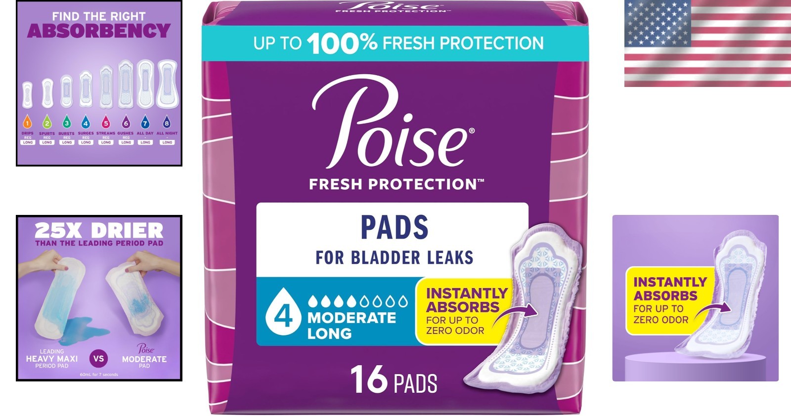 Poise Incontinence & Postpartum Pads – 16 Count, 4 Drop Moderate Absorbency Long