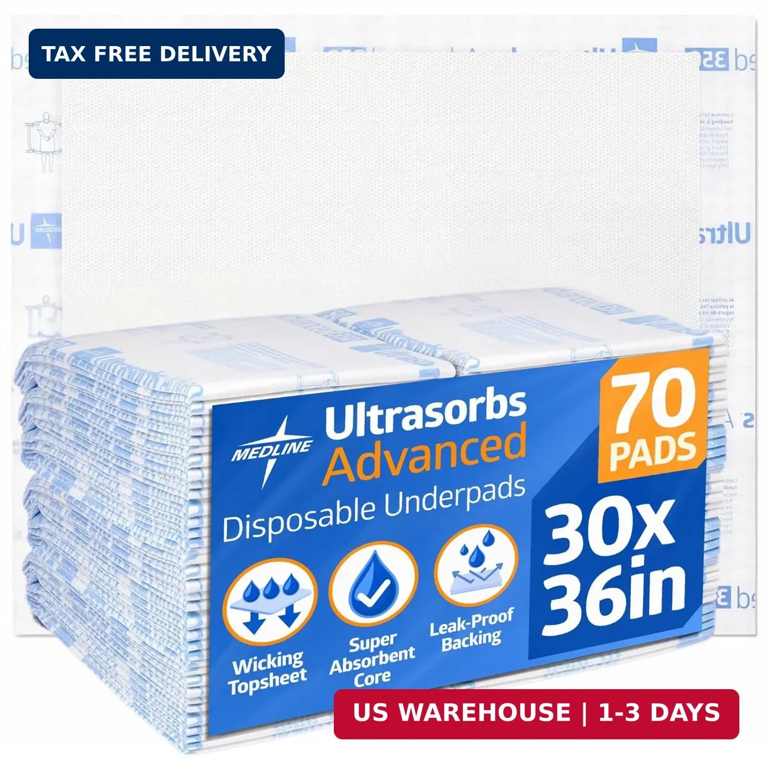 Medline Ultrasorbs Advanced Extra Strength Drypads, 30″ x 36″, 70 Count, Super A