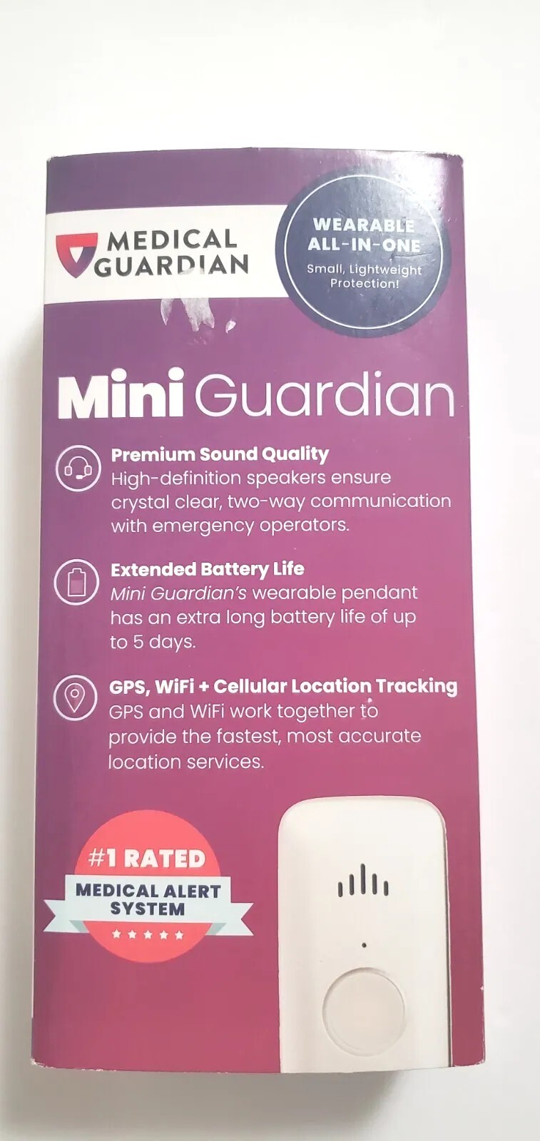Medical Guardian Mini Guardian Wearable Medical Alert Monitor-White~New Open Box