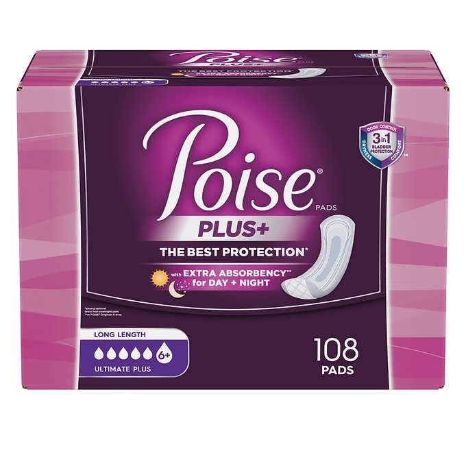POISE PLUS Ultimate Absorbency Pads 108 Long Length Pads For Day or Night Time