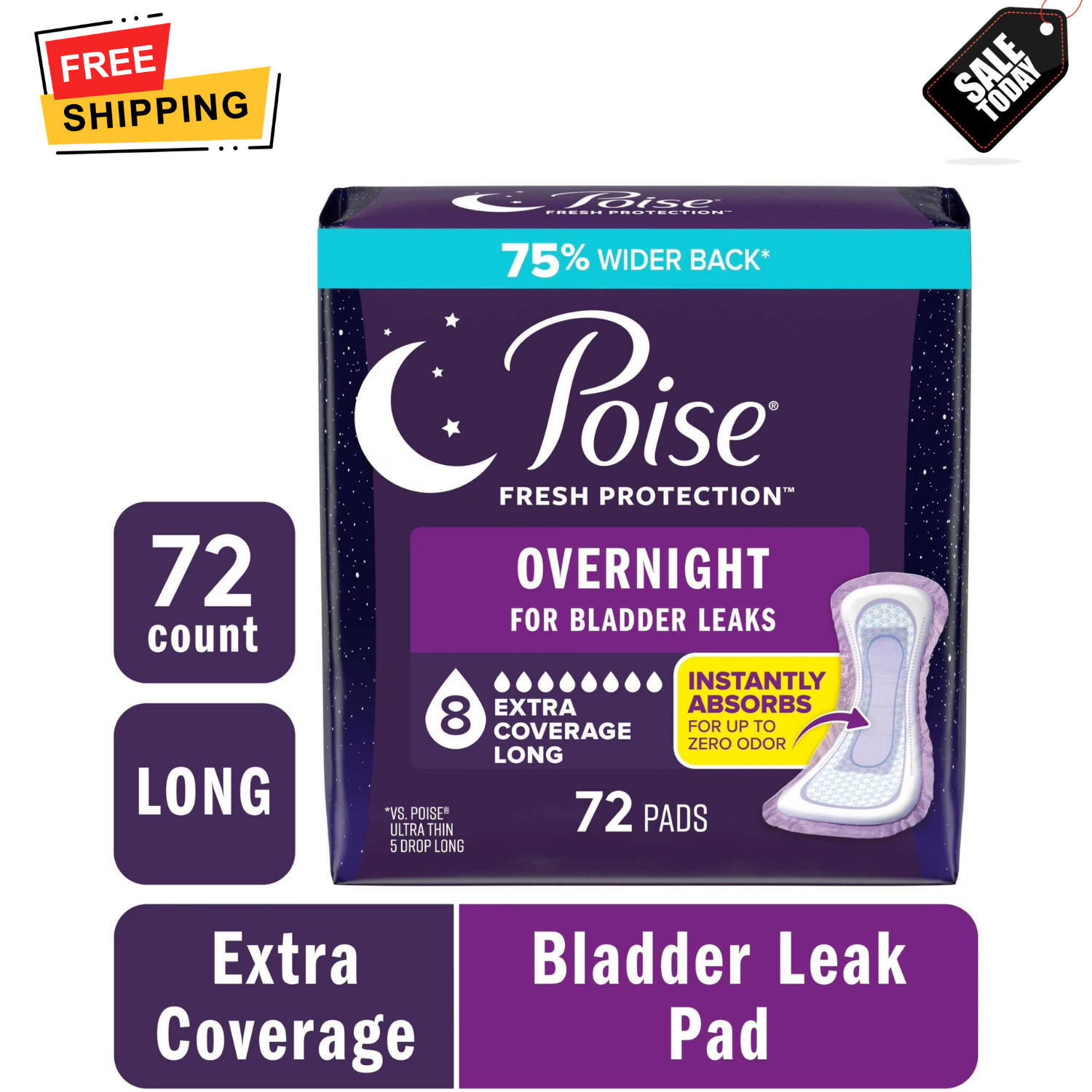 2 Pack of 36ct (72Ct) Poise Overnight Pads 8 Drop Extra Coverage Bladder