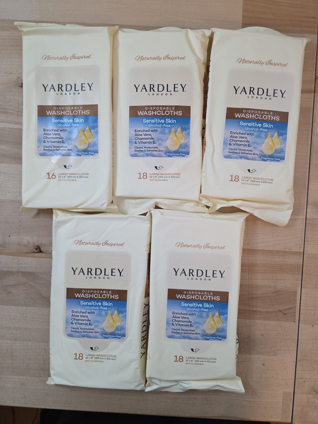 YARDLEY LONDON 5 Qty 18 Ct Packs Large Disposable Washcloths Sensitive Skin NEW