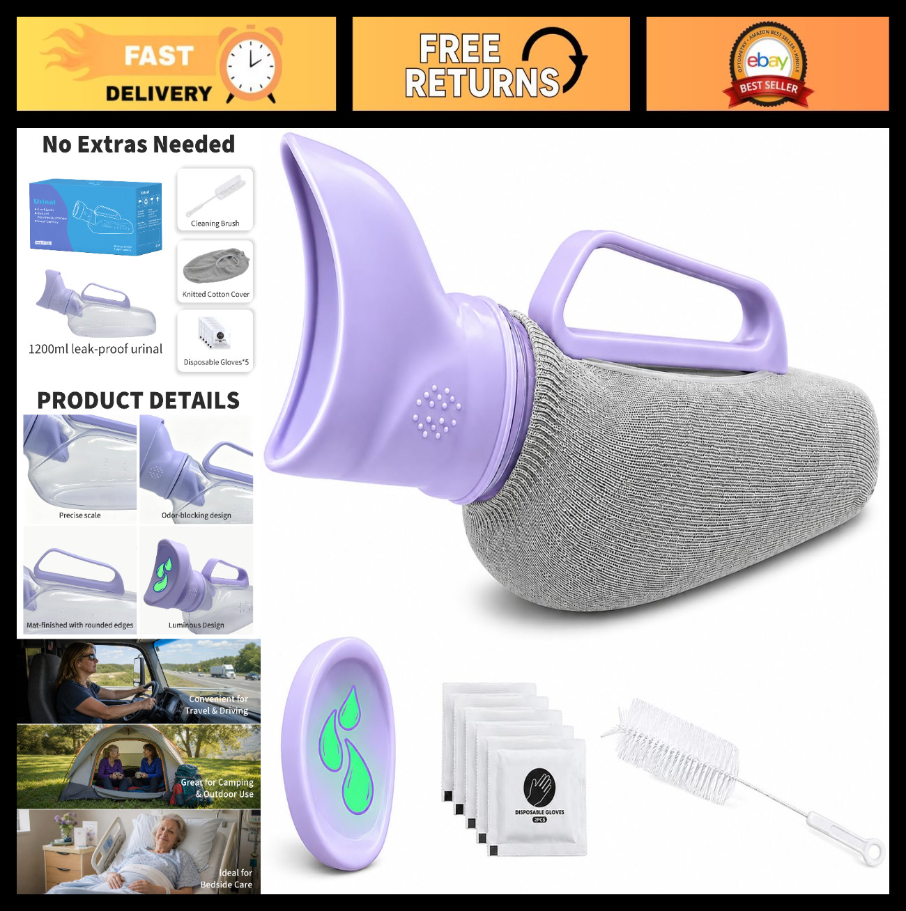 Portable Female Urinal for Women, 40 oz, Soft Silicone, Anti-Leak, Splash Proof,