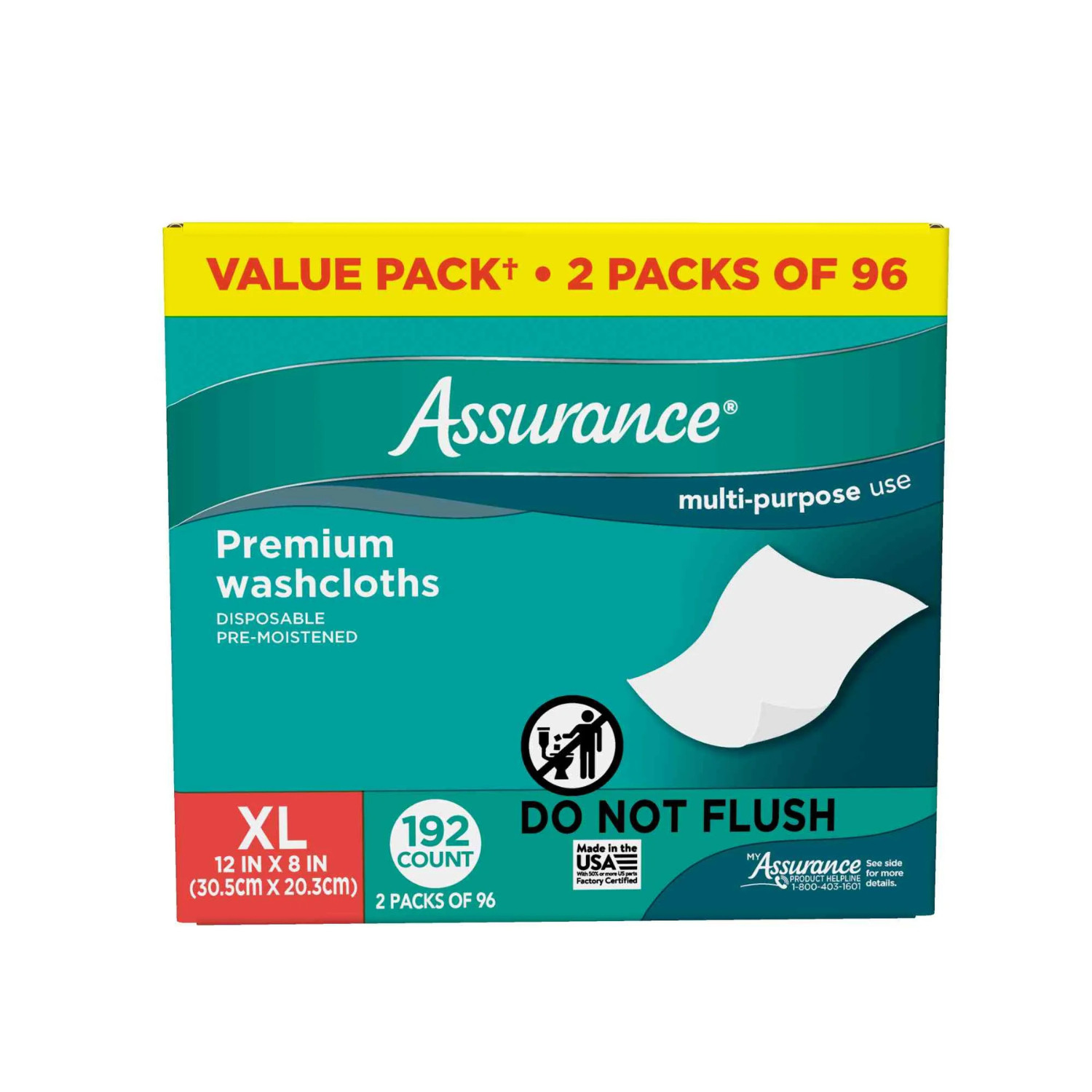 2PK Assurance Premium Disposable Premium Washcloth Wipes, 12″ x 8″, XL 192 Count