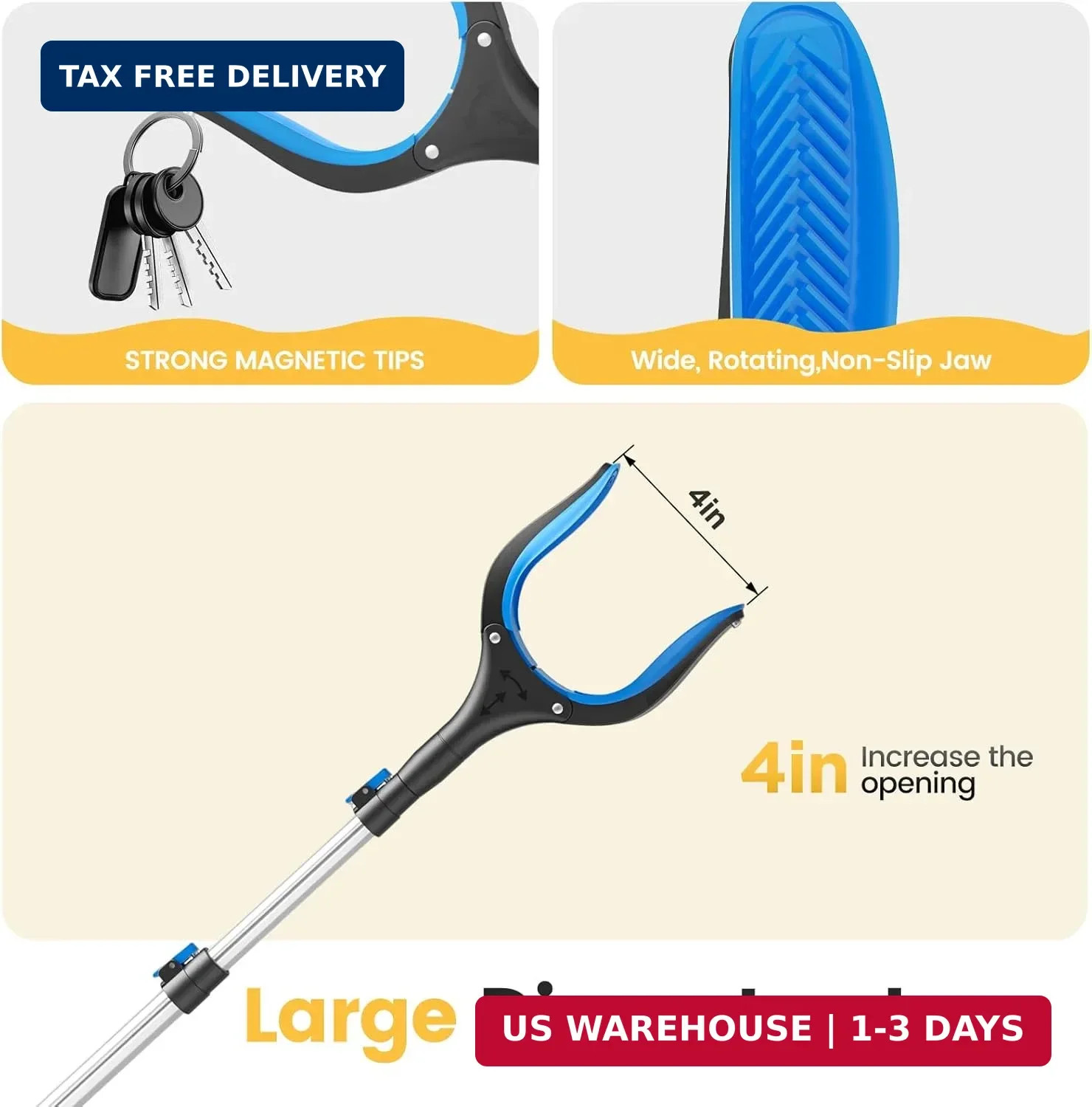 Telescopic Grabber Reacher Tool, 5-Level Adjustable Length (23” to 41”) – Tras