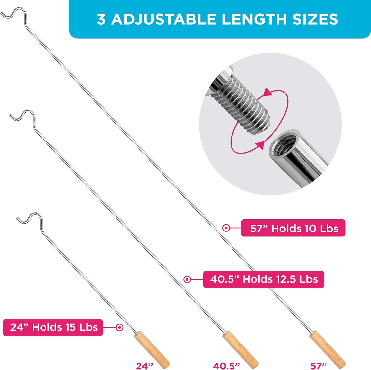 Closet Reacher Pole with Hook and Wooden Handle, Heavy Duty – Adjustable 2.75-5