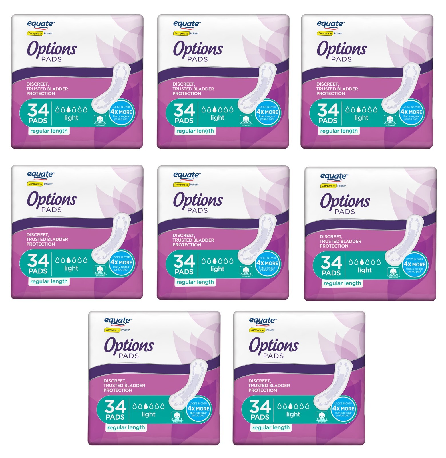 272 Count Equate Options Women Unscented Incontinence Pads Light Regular Length