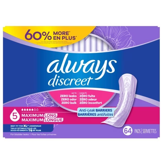 Always Discreet Maximum Absorbency Long Incontinence Pads 64 Count, New