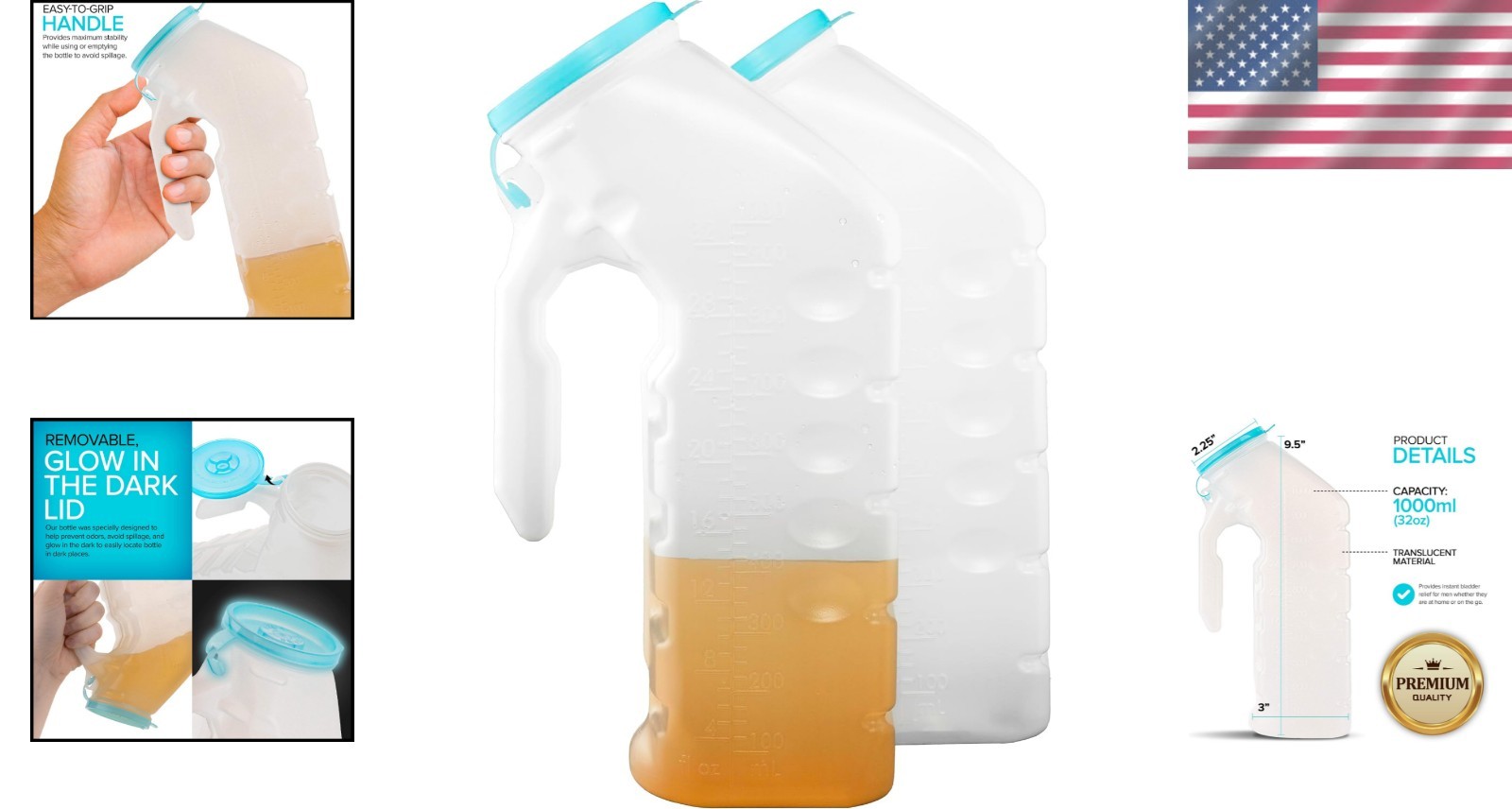 Durable & Portable Male Urinal Set with Glow in the Dark Lid – 2 Bottles, 32 Oz