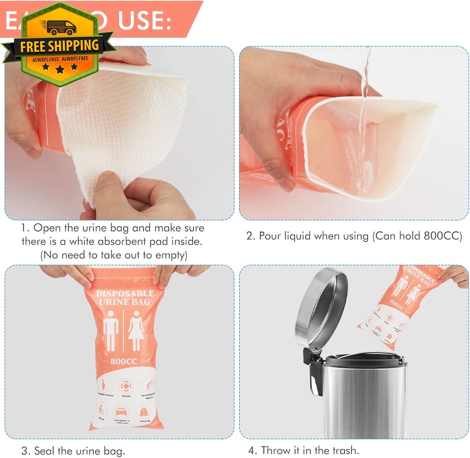 24PCS Disposable Urine Bags 800ML Portable Emergency Travel Urinal Set