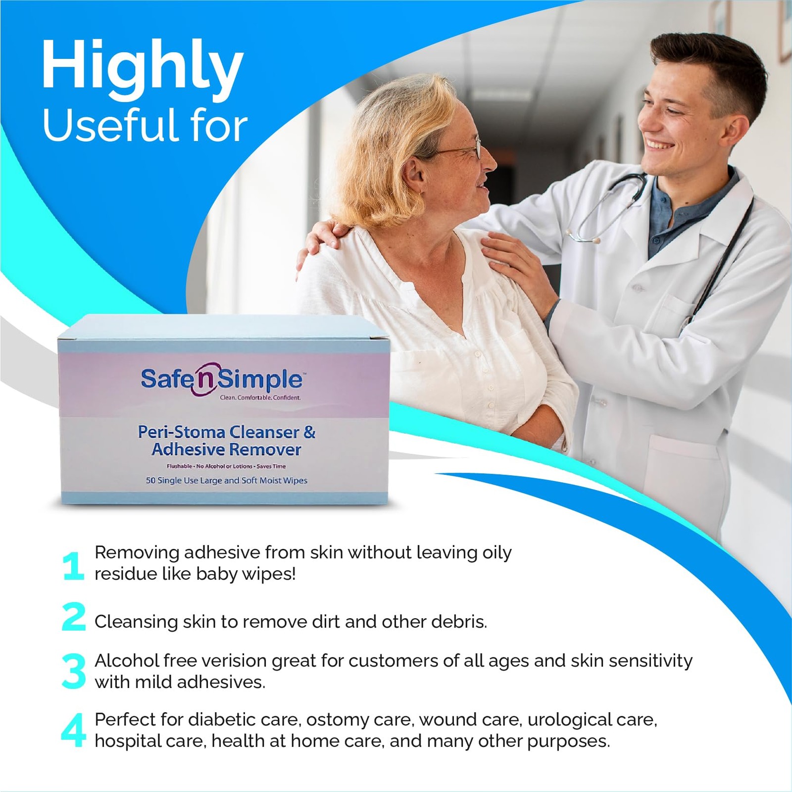 Safe n’ Simple Adhesive Remover Wipes, Large, Pack of 50, Individually Wrapped