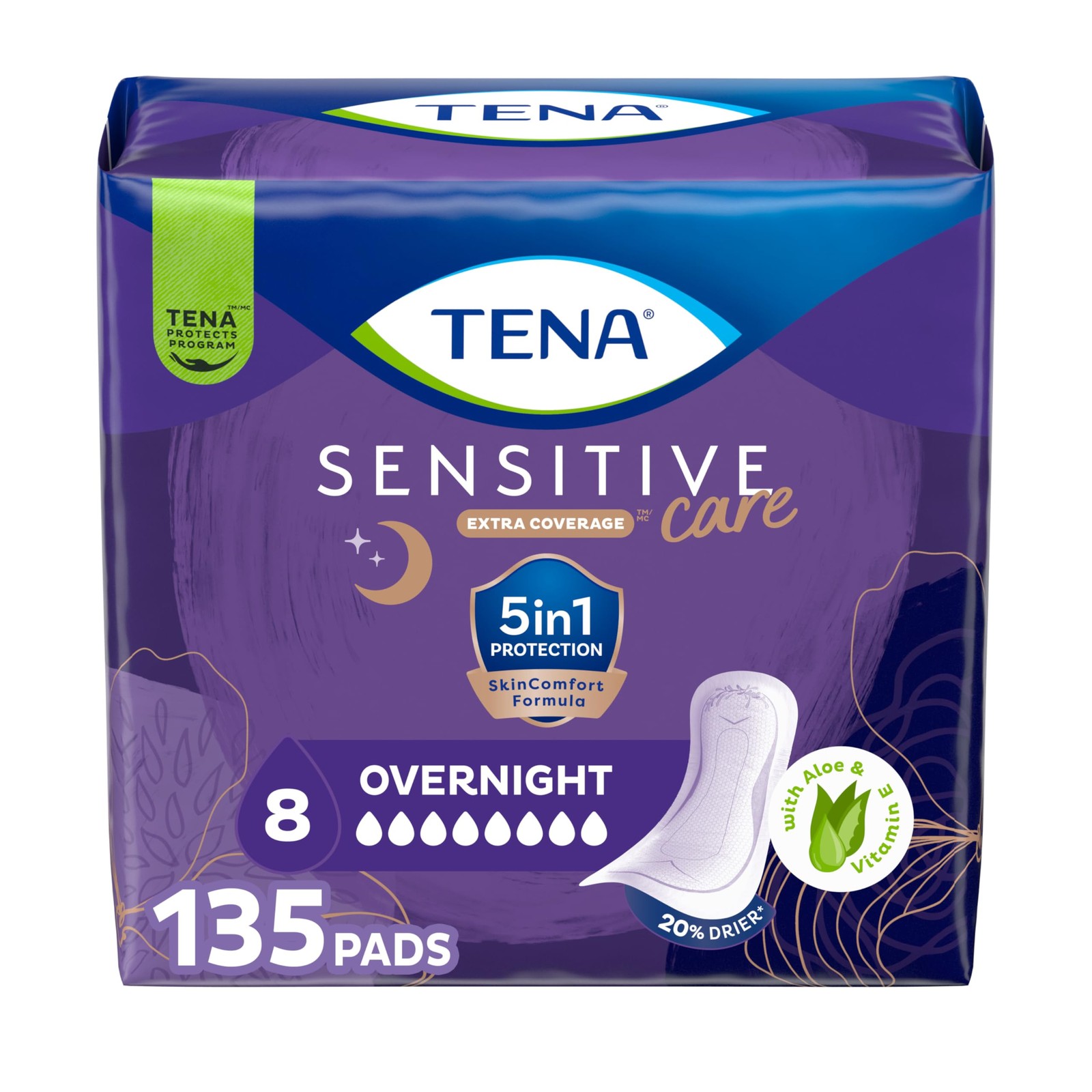 TENA Sensitive Care Overnight Incontinence Pads Women, Extra Coverage, White