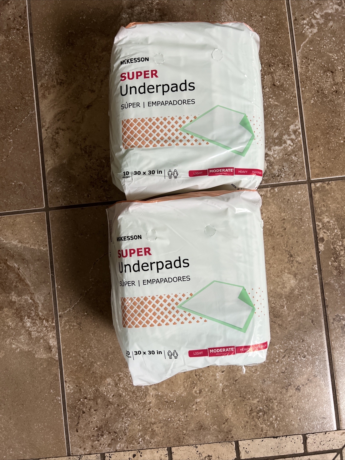 McKesson Super Underpad, 30” X 30” Moderate Absorbency Bag of 10 Lot Of 2Pkgs