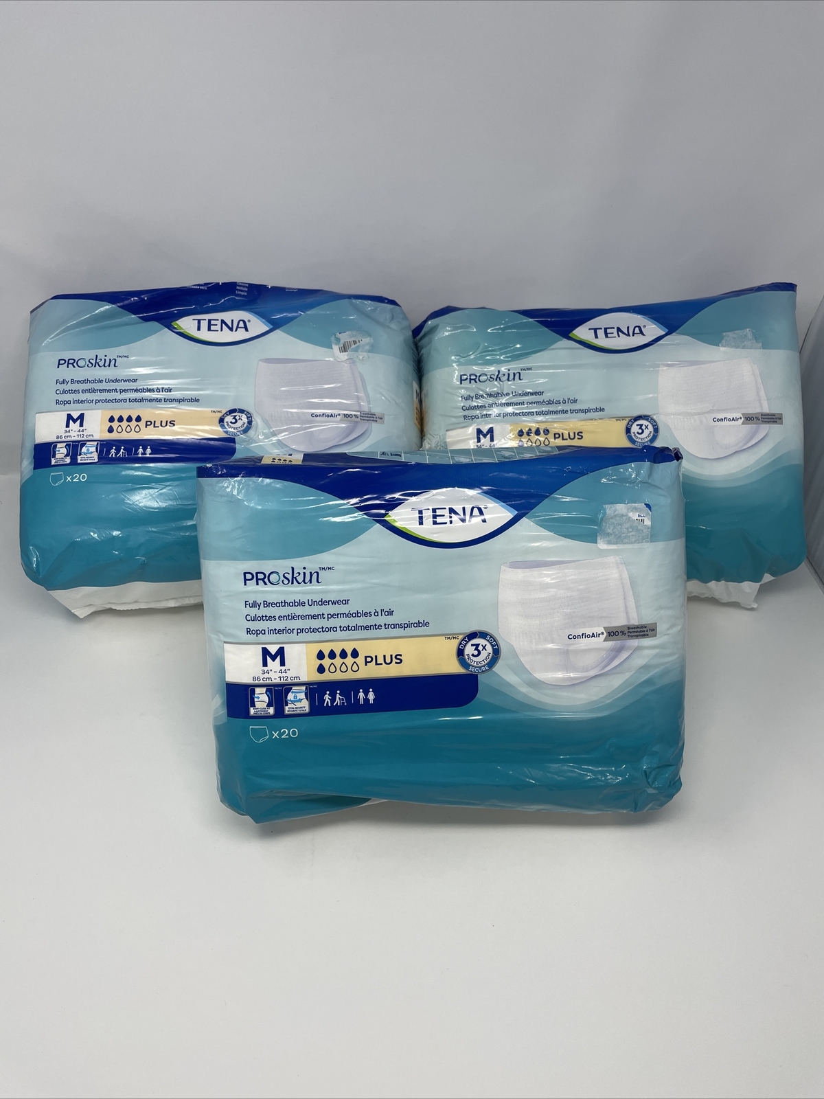 LOT of 3 Tena 20 count ProSkin Breathable Underwear Medium M Plus Incontinence