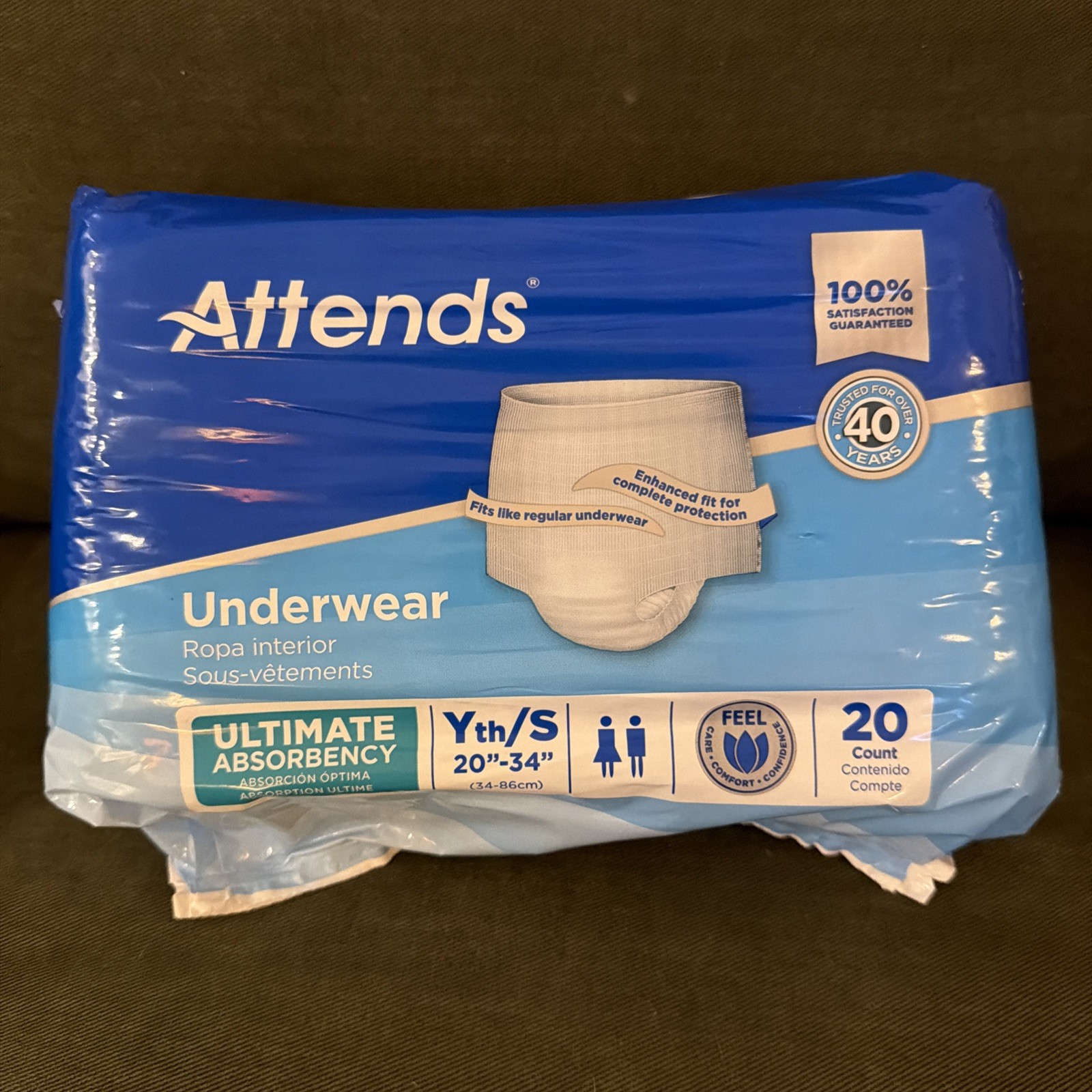 Attends Underwear Youth Small 20”-34” Ultimate Absorbency Unisex, 20 Count
