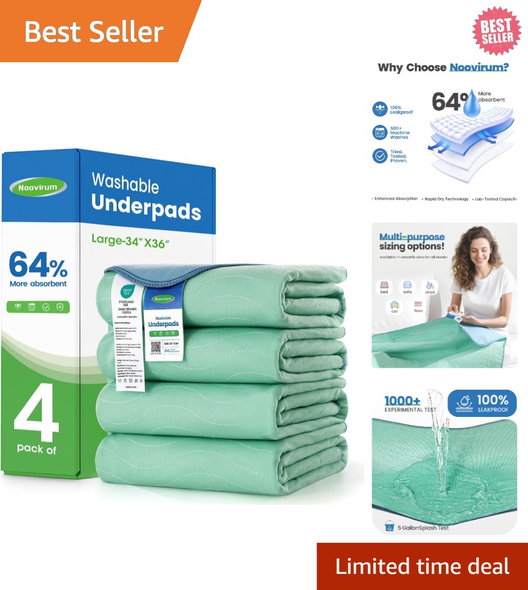 Washable Underpads 34″ X 36″ Pack of 4 Waterproof Reusable Heavy Absorb Bed Pads