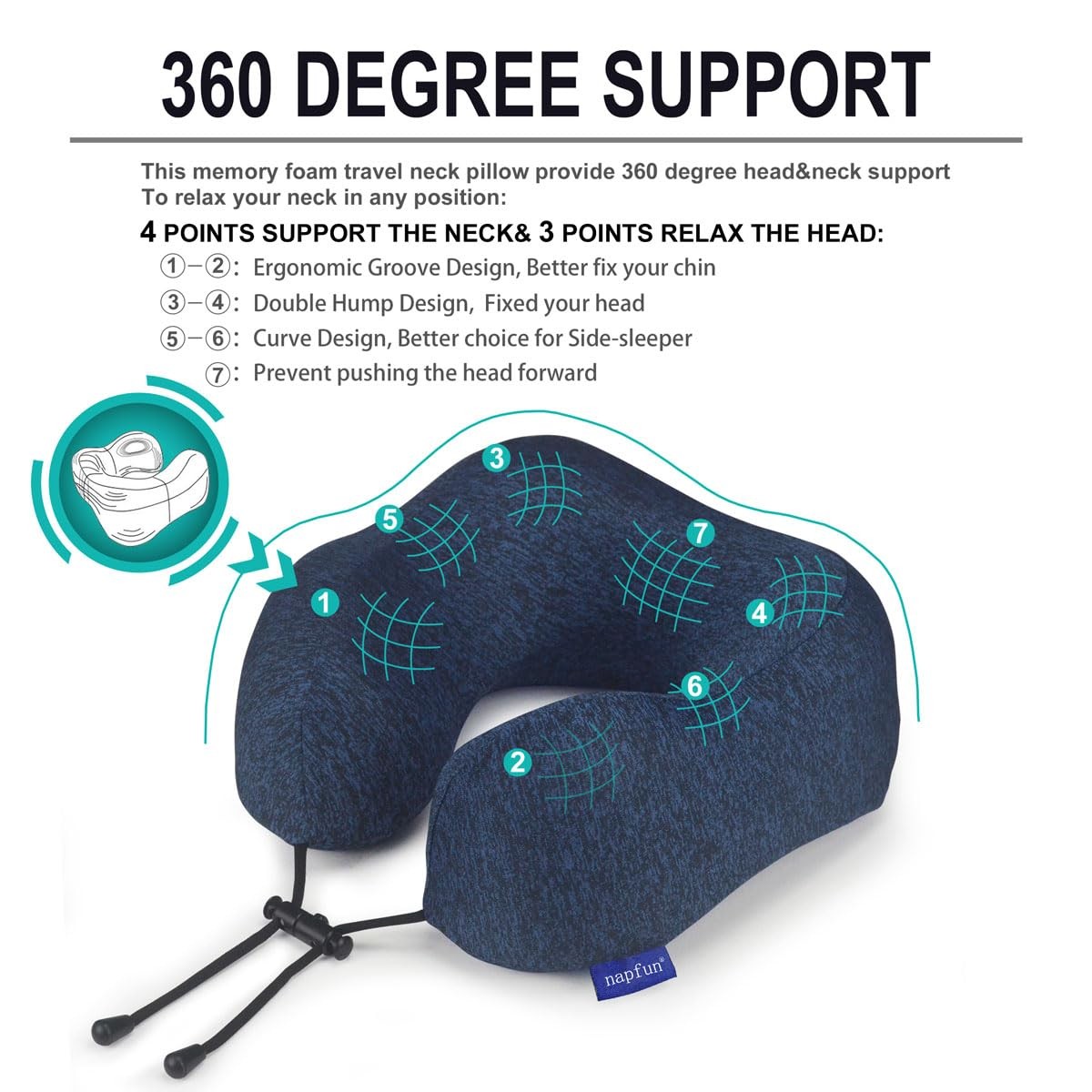 napfun Neck Pillow for Traveling, Upgraded Travel 1 Count (Pack of 1), Blue