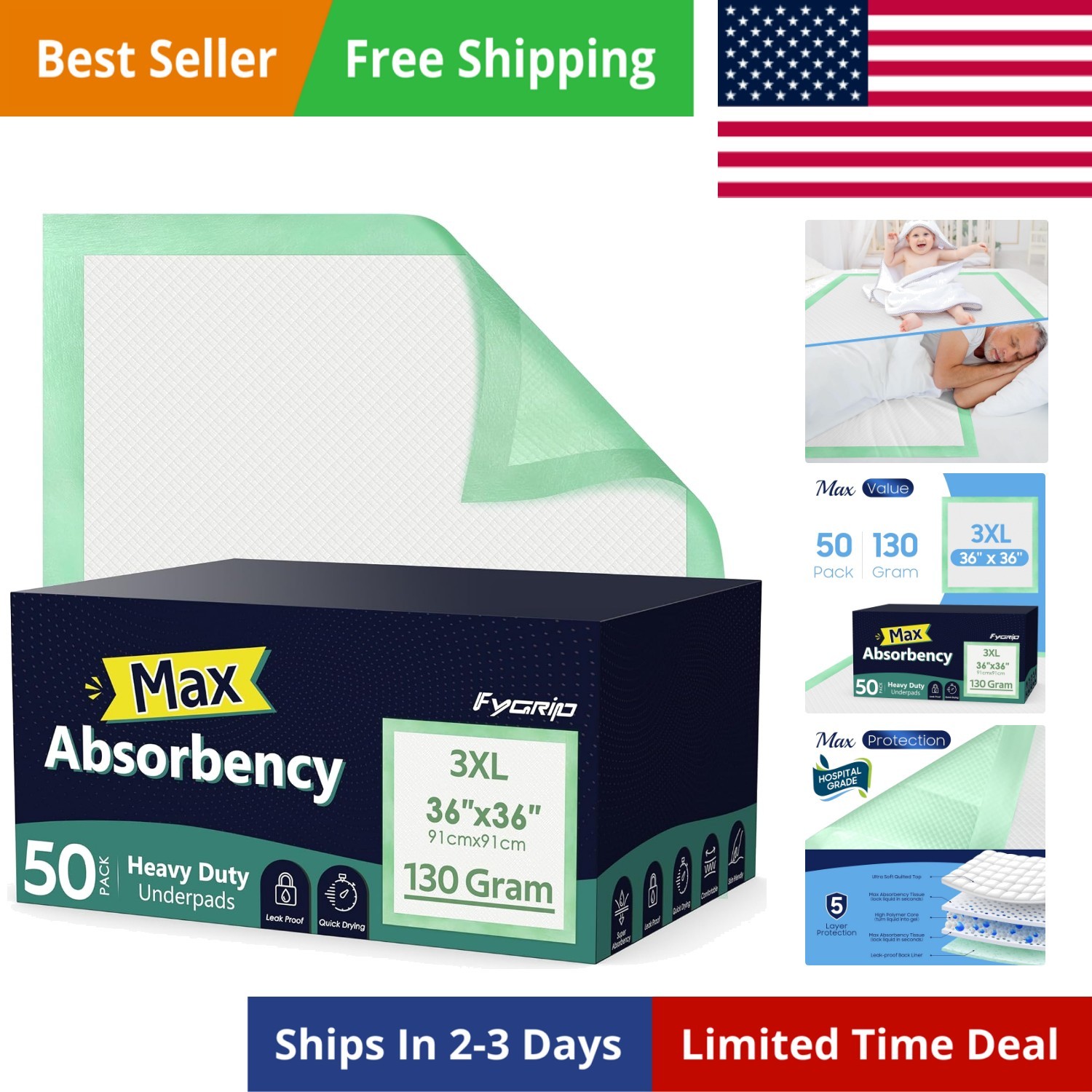 50 Count Hospital Grade 130 Gram 36” x 36” Max Absorbency Disposable Underpad…