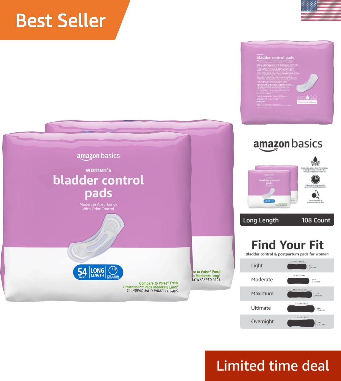 Moderate Absorbency Incontinence Pads for Women – 108 Count, Postpartum Prote…