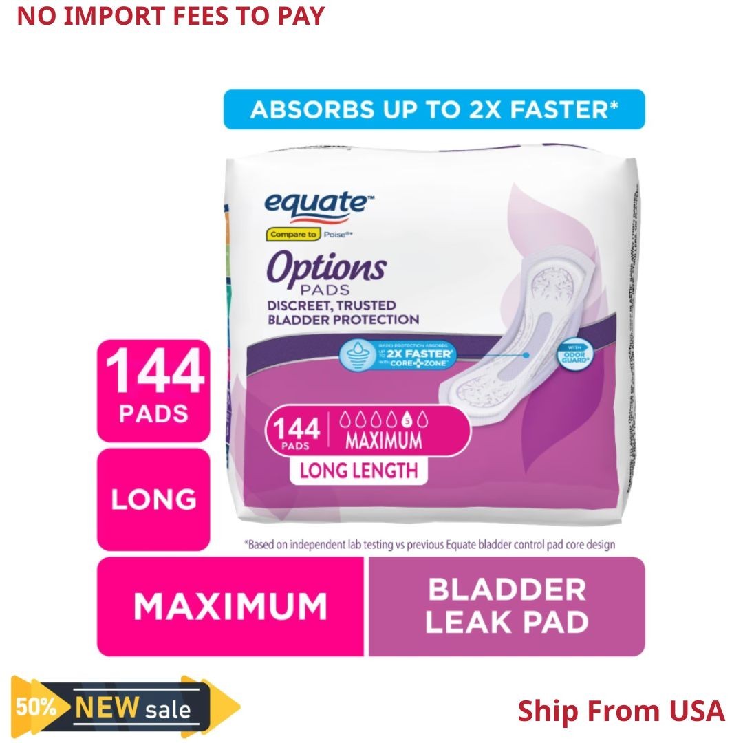 Equate Options Incontinence Pads for Women, Maximum, Long, 144 Count New