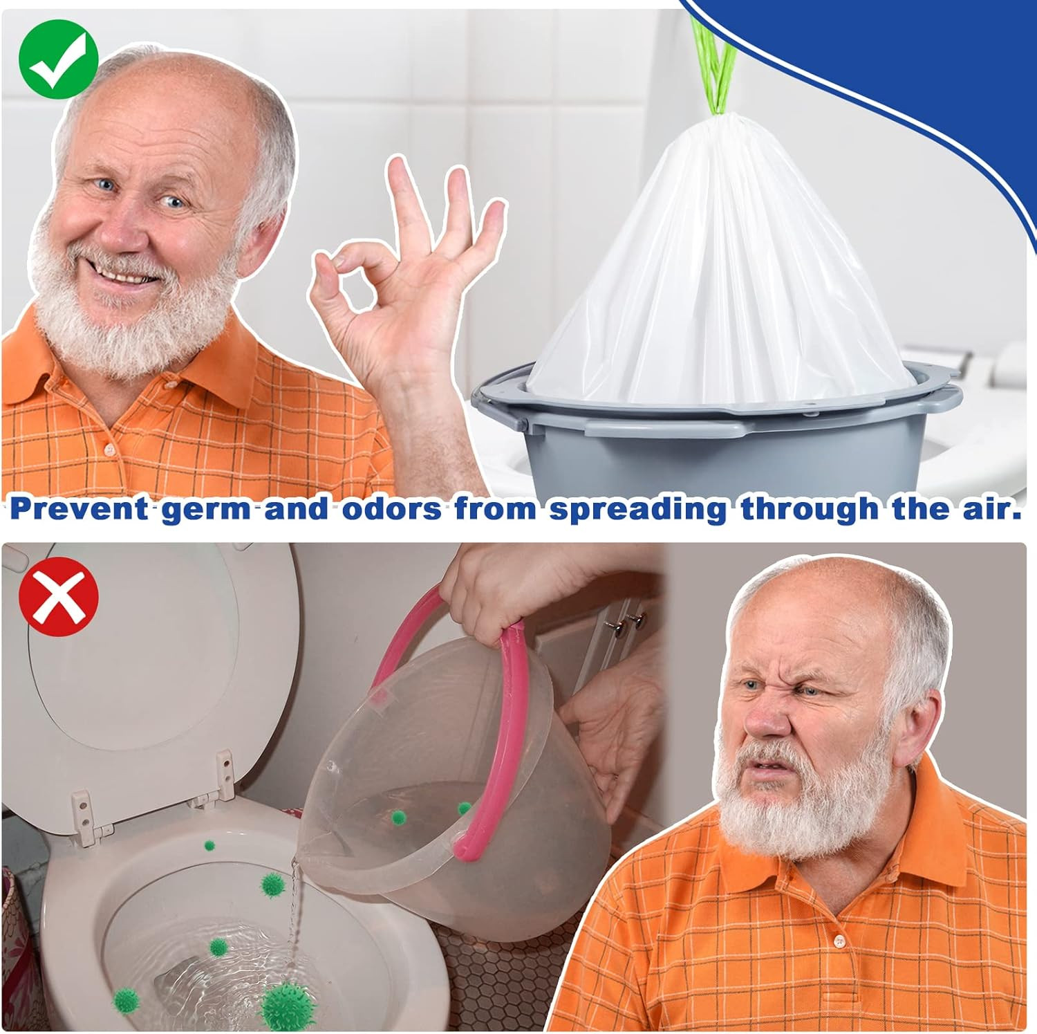 60 Pack Commode Liners with Absorbent Pads for Portable Toilet Bucket