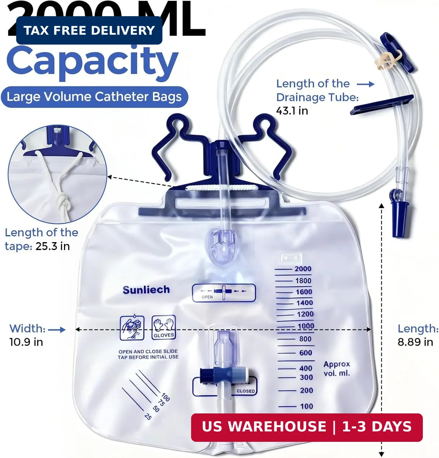 5 Pack Urinary Drainage Bag, 2000mL Anti-Reflux Catheter Bag with Drainage Tube,
