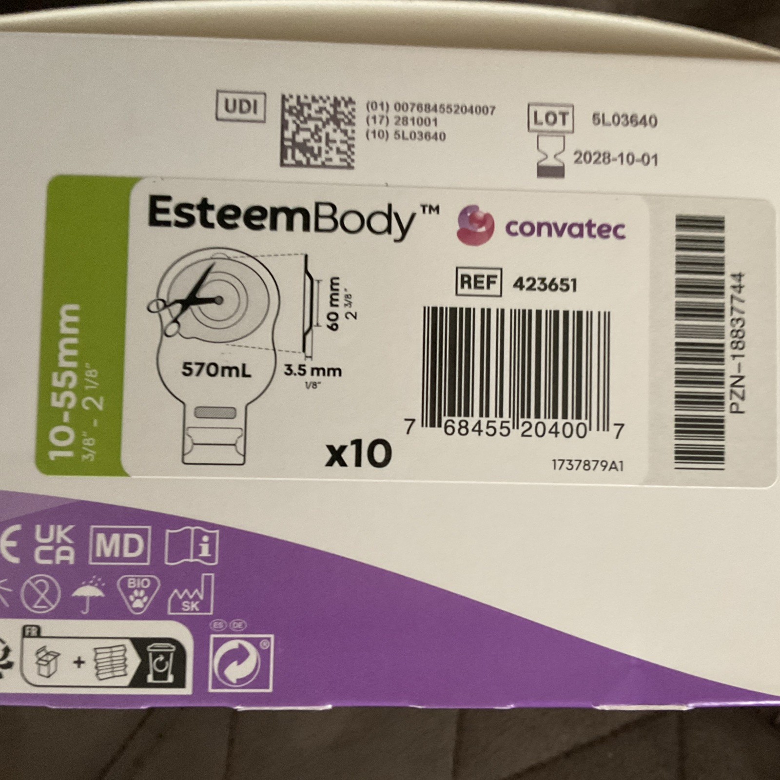 10 Convatec Esteem 423651 Convex 1Pc Pouches Cut to Fit 3/8″ to 2-1/8″ Exp 2028