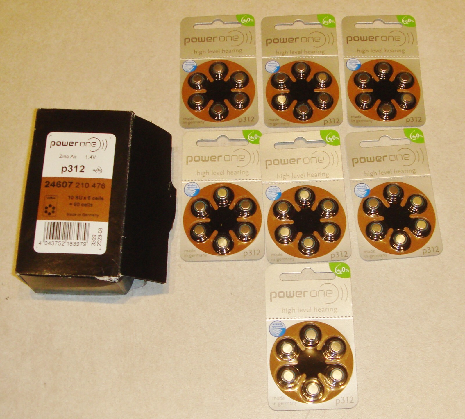 42 PowerOne Hearing Aid Cell Batteries 1.45V P312 Exp 8/ 2023 New Sealed Germany