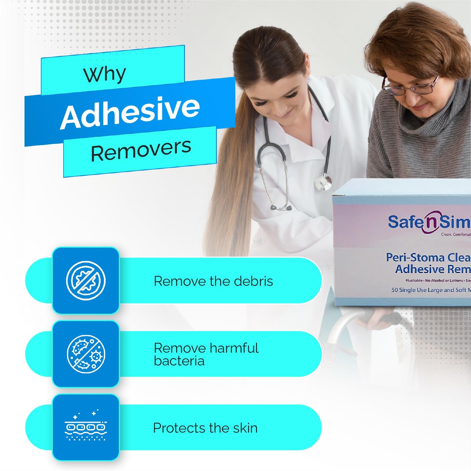 Safe n’ Simple Adhesive Remover Wipes, Large, Pack of 50, Individually Wrapped