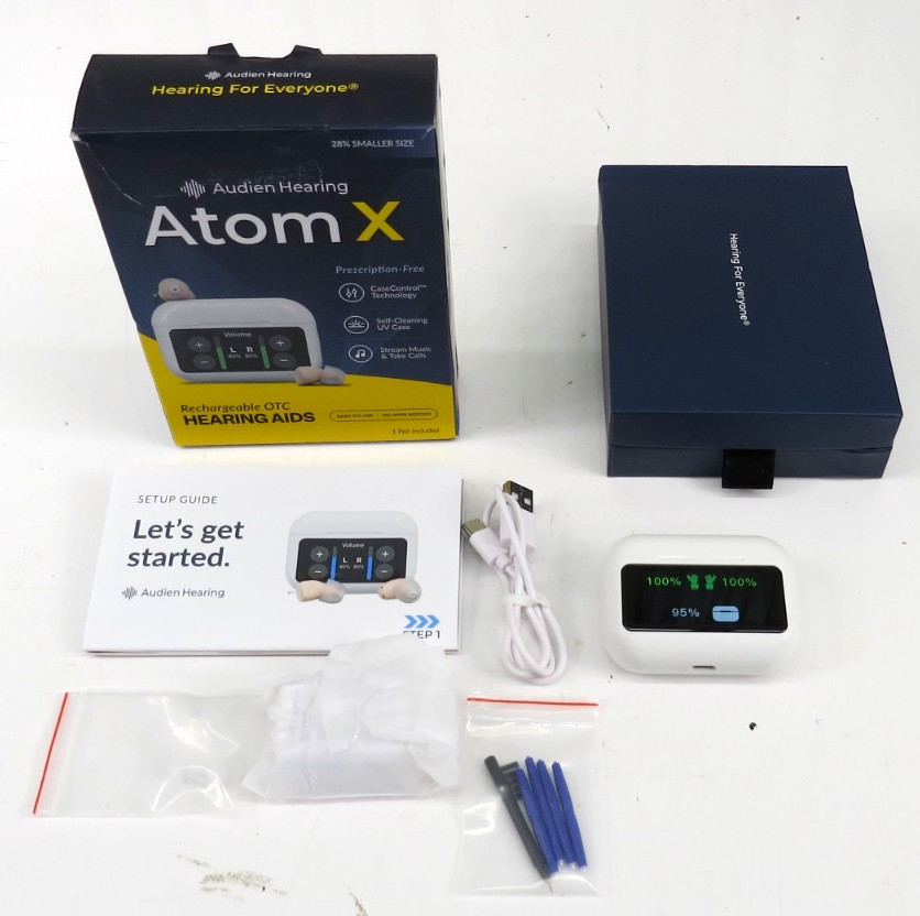 Audien Hearing Atom X Rechargeable OTC Hearing Aids Bluetooth W/UV Charging Case