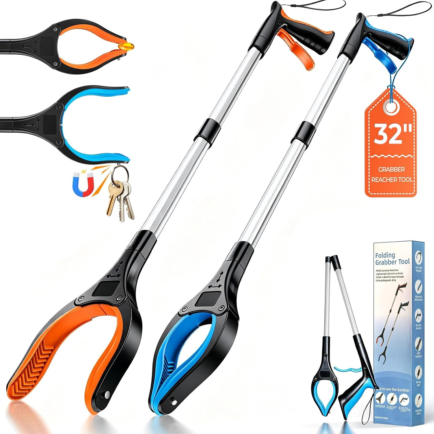 32″ Grabber Reacher Tools, 2 Pack Upgraded Strong Foldable Reacher Grabber Heavy