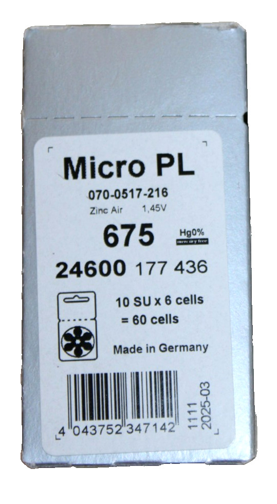 Phonak Micro PL 675 Hearing Aid Batteries 10 SUx6 cells = 60 cells Exp 3/2025-BR