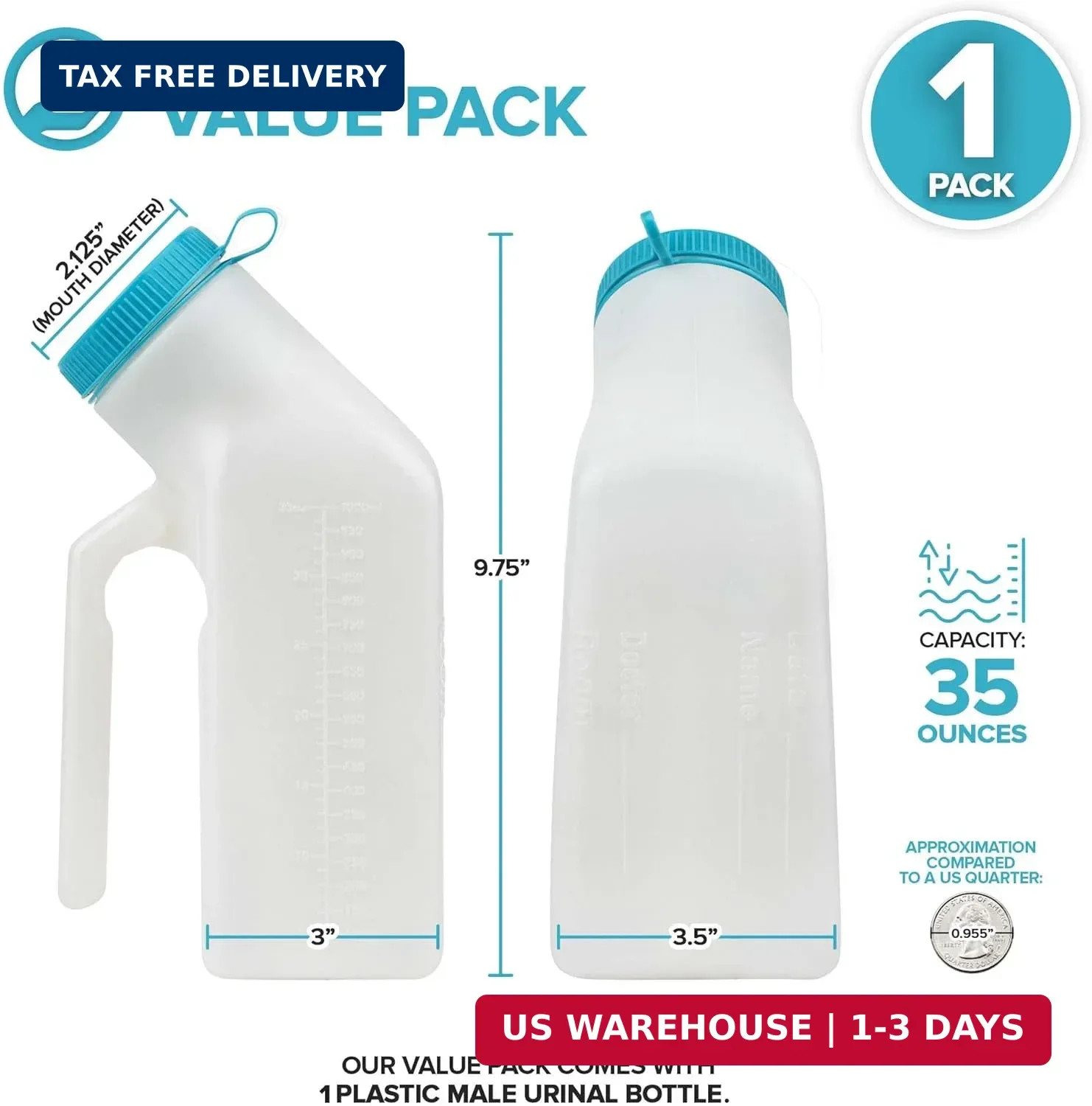 Male Urinal with Lid 32 Oz/1000 ml Capacity Medical Urine Bottle for Men