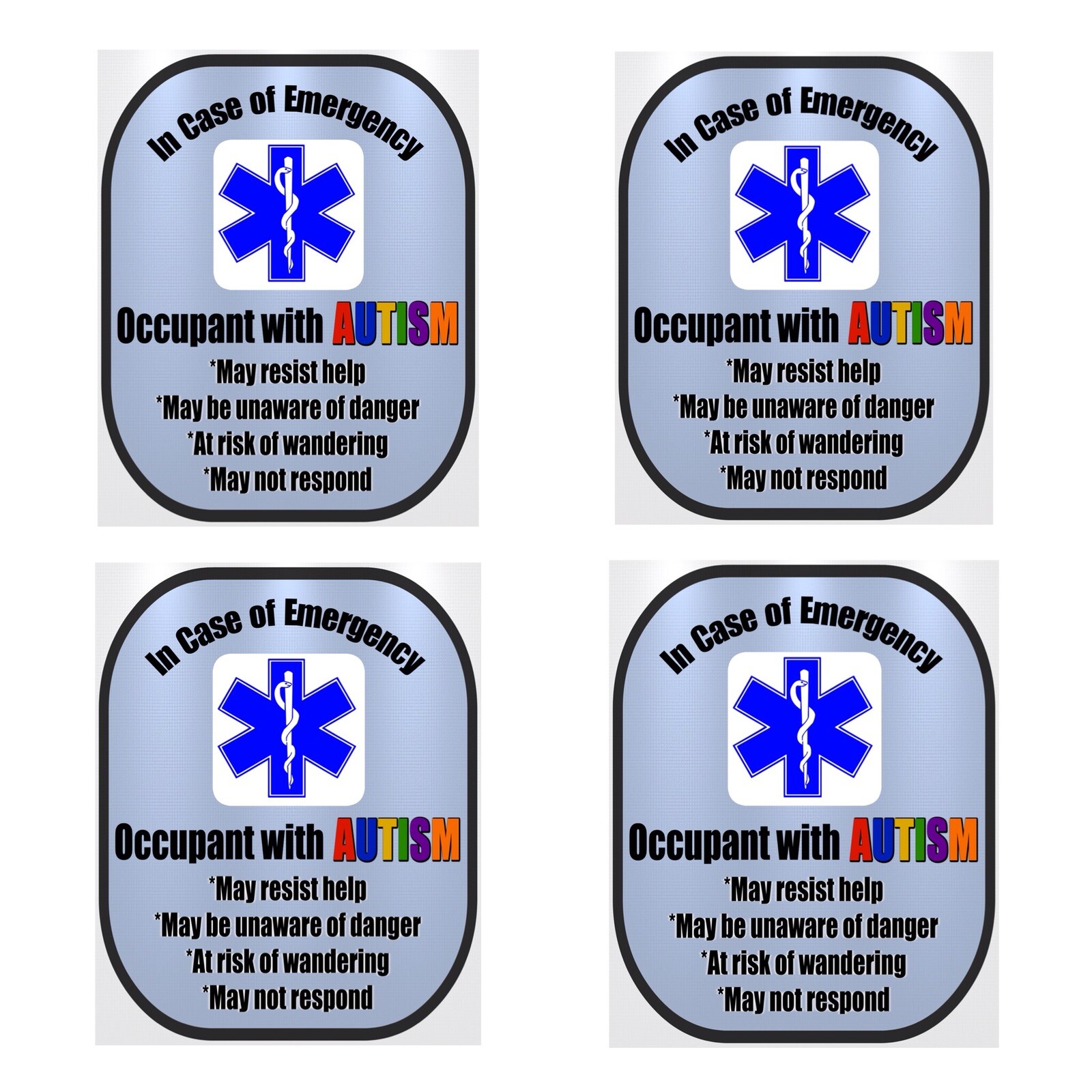 4 Pack Autism Medical Alert Safety Window Decals