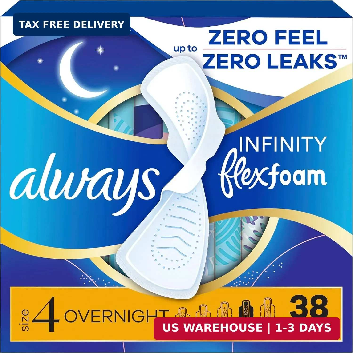 Always Infinity Feminine Pads for Women, Flexfoam Pads with Wings, Size 4, Overn