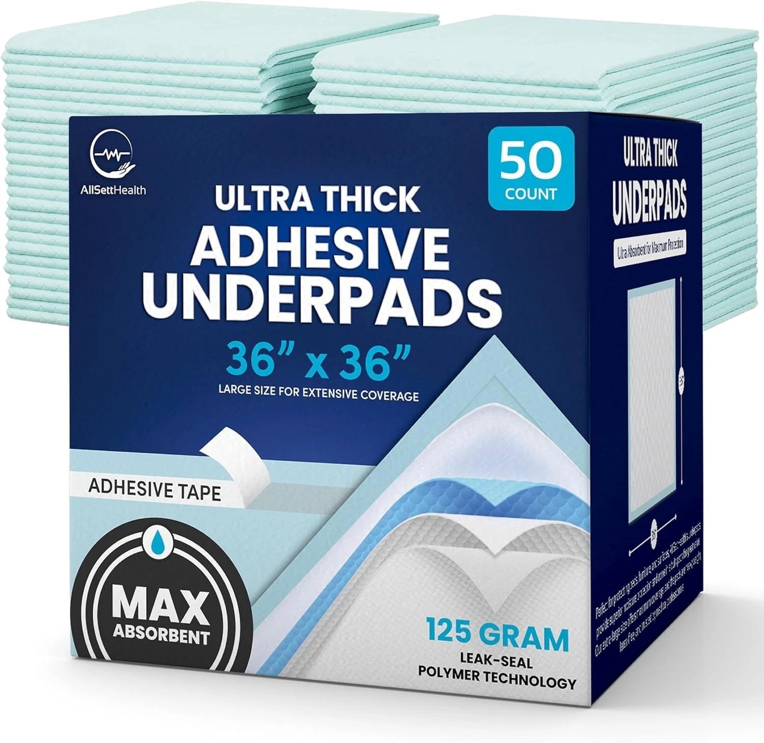50 Pack Adhesive Disposable Bed Pads for Adults 125 Gram – 3XL 36″x36″Non Sli…