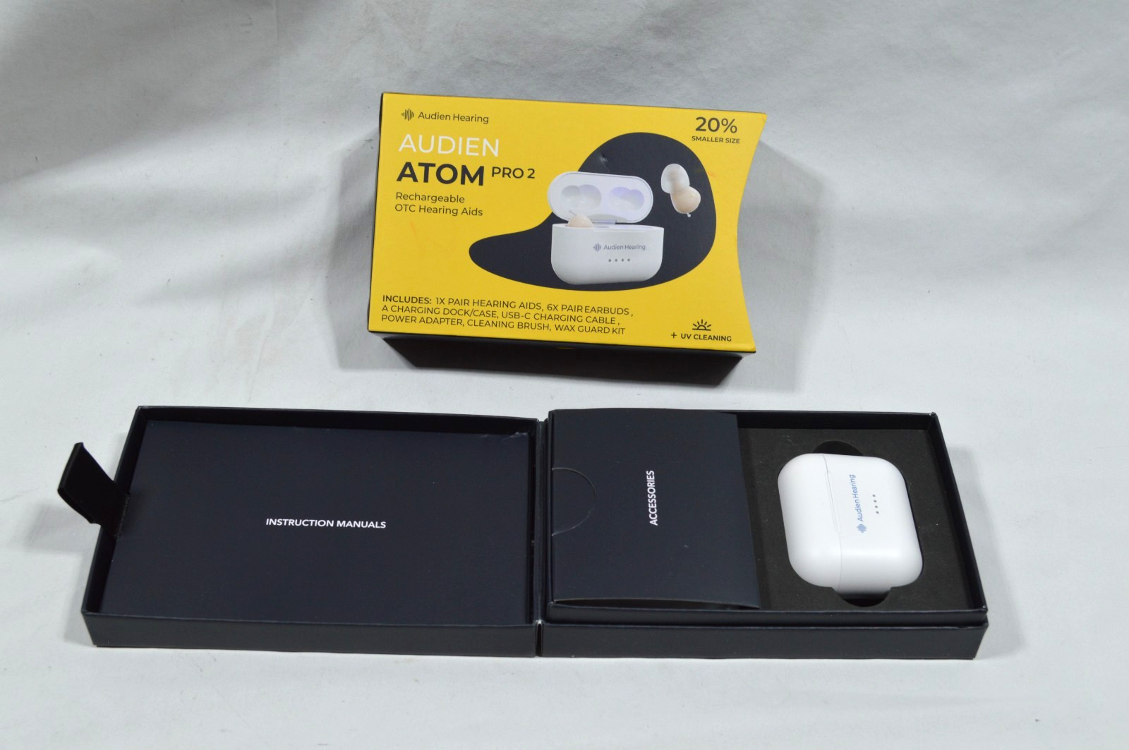 Audien Atom Pro 2 Rechargeable Wireless OTC Hearing Aids w/ UV Cleaning Case