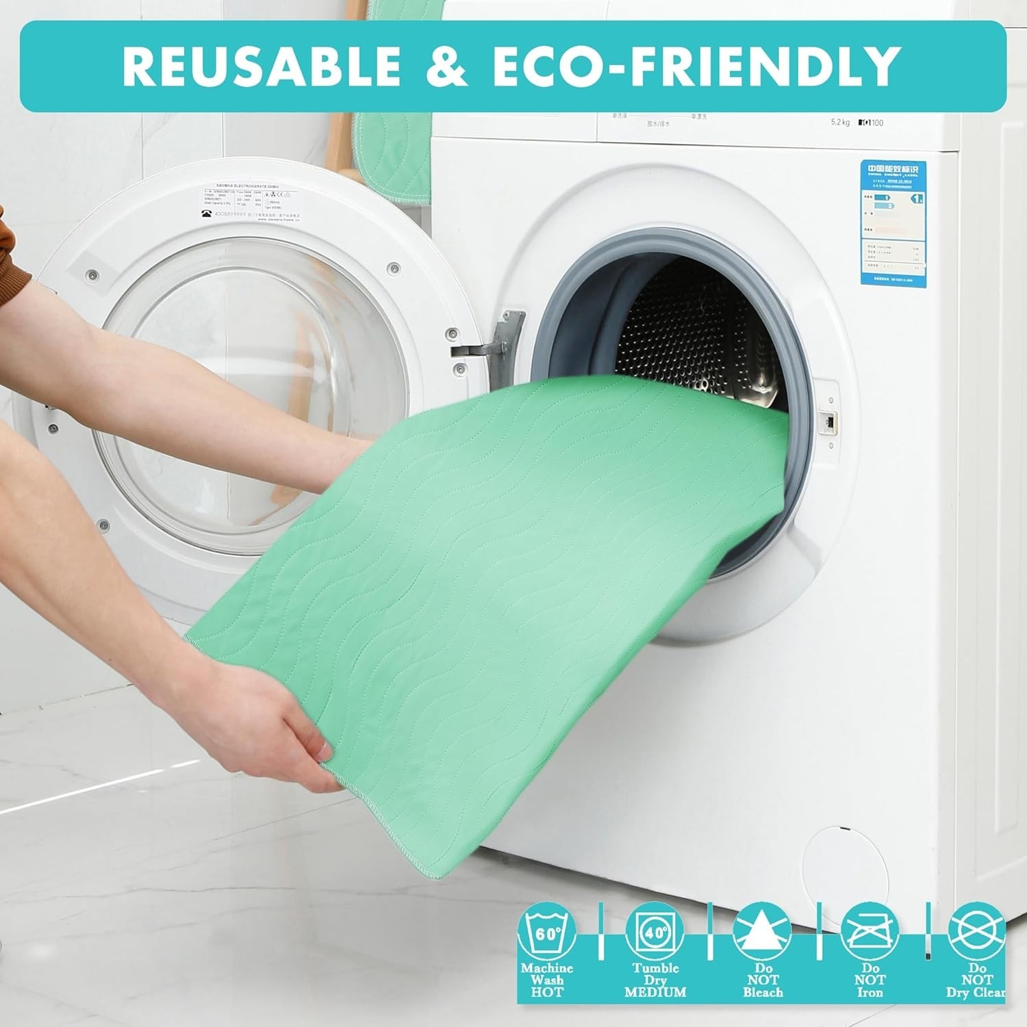Washable Underpads, 36″ x 38″, 4 Pack, Green, Heavy Absorbency Reusable Bedwe…