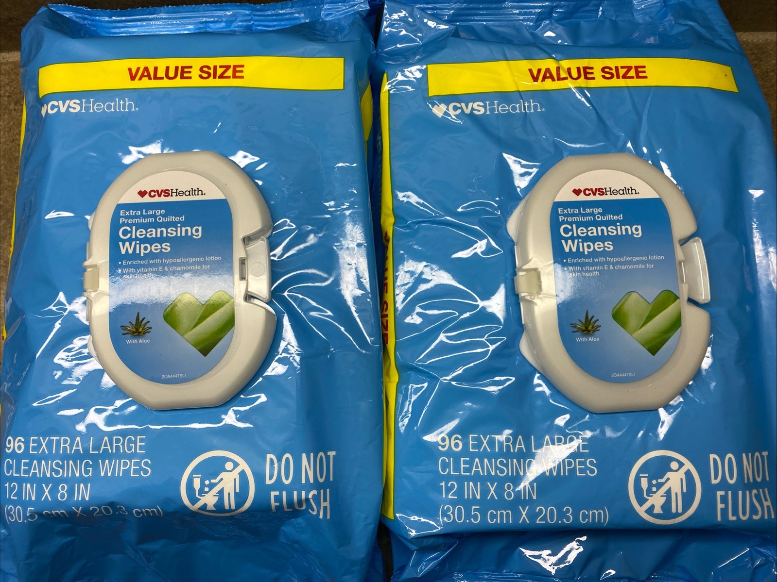 2 PACK CVS 48 Extra Large Premium Quilted Cleansing Wipes 12 in x 8 in w/ALOE