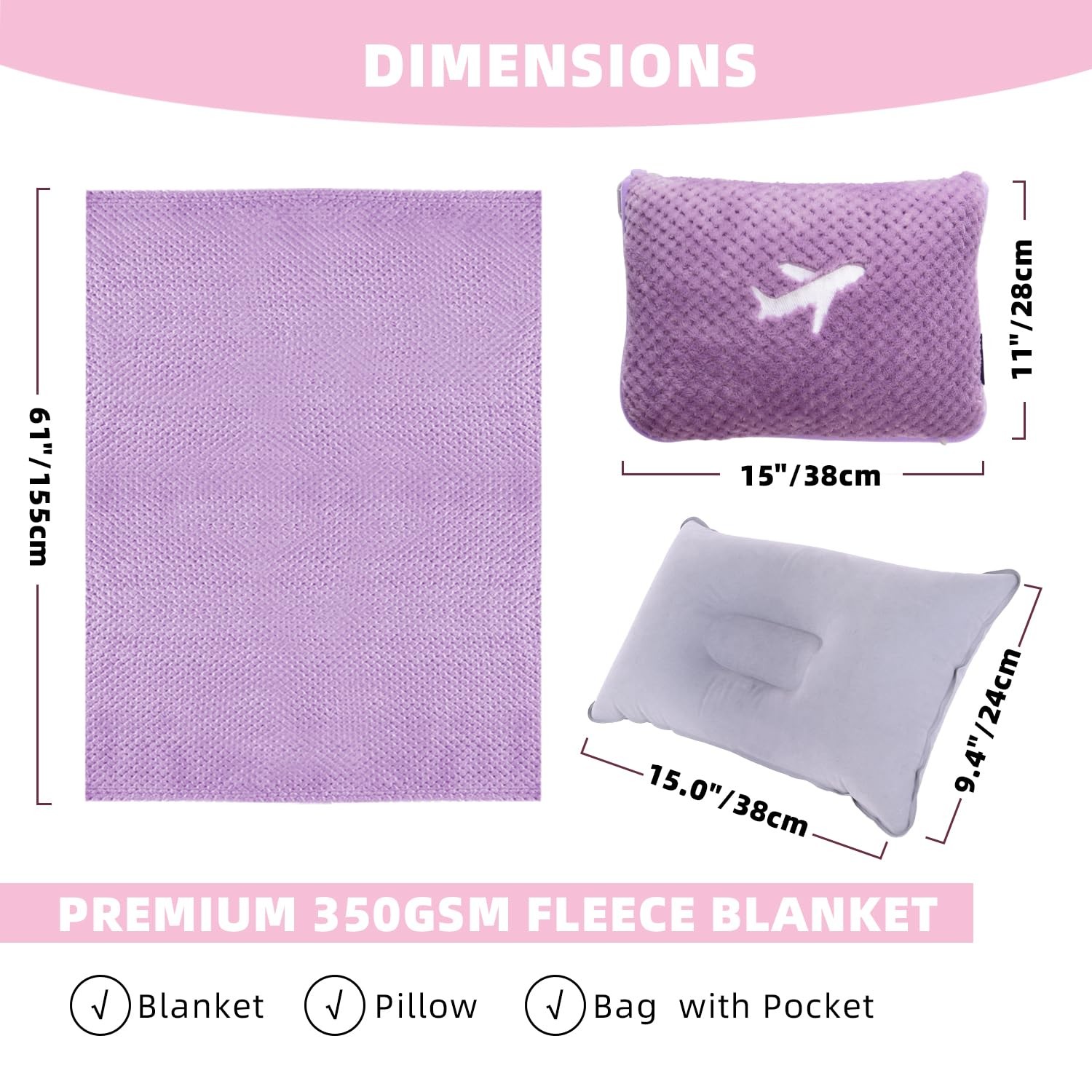 Nenolix 3 in 1 Travel Blanket Pillow Set – 350 GSM Thick Large, Violet