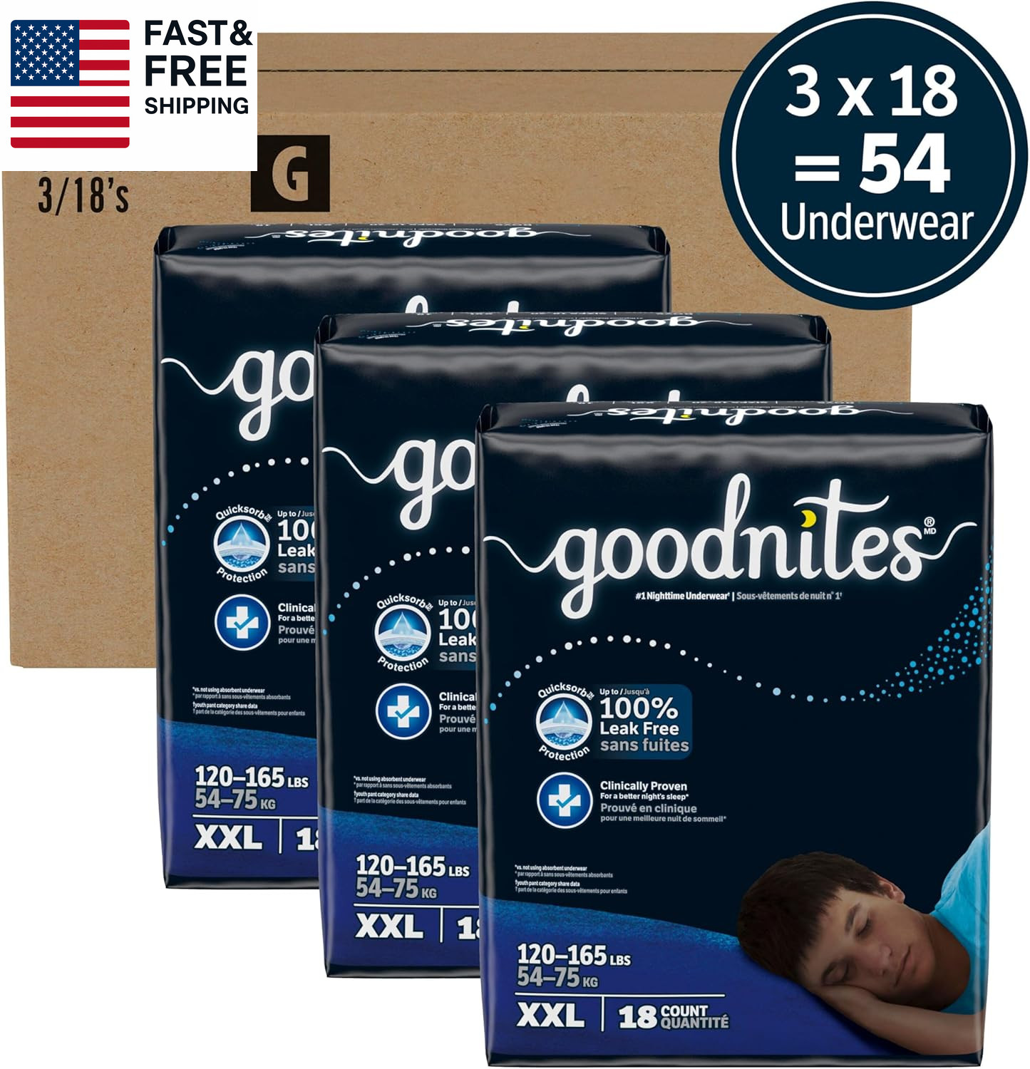 Boys’ Nighttime Underwear, Size XXL (120-165 Lbs), 54 Ct, Packaging May Vary