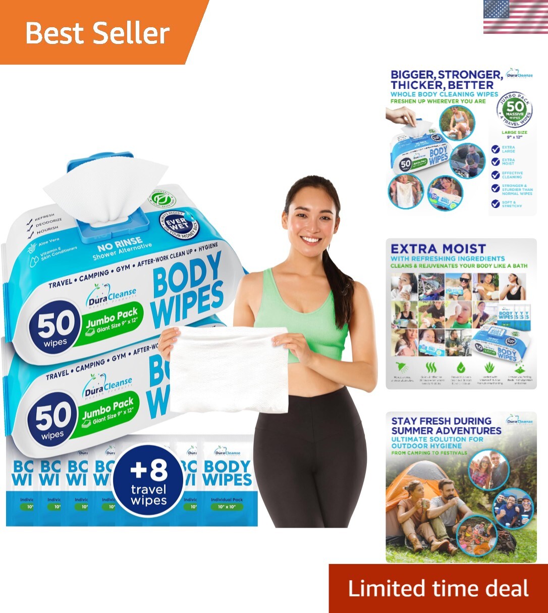 Extra Thick Rinse-Free Body Wipes – 100 XL Bath Wipes + 8 Travel Essentials