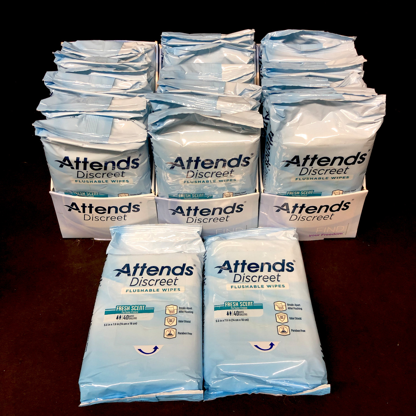 Attends Discreet Flushable 20 Packs of 40 Wipes 800 Total Count Fresh Scent Lot