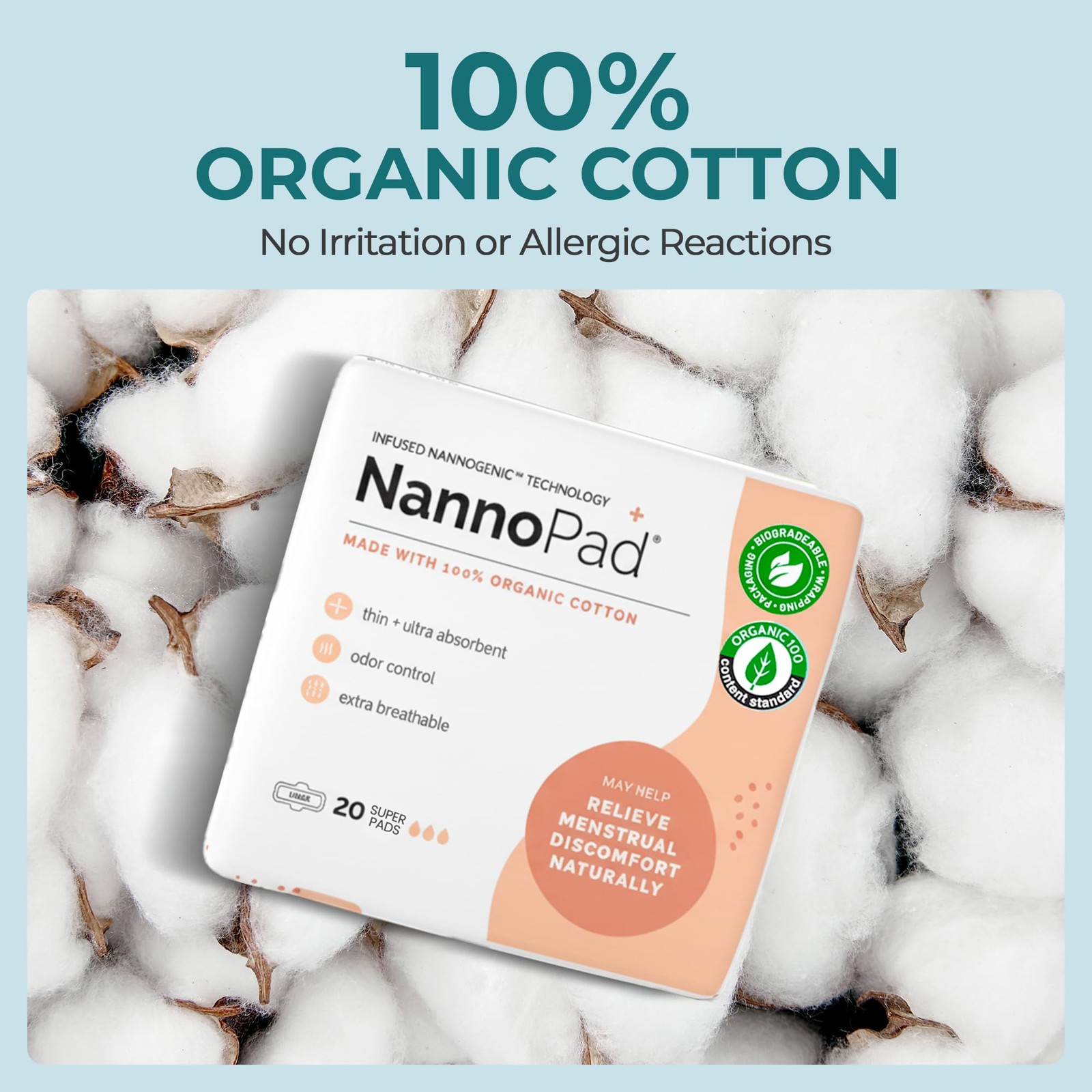 NannoPad Organic Pads for Women – 100% Cotton 1 Pack (20 Pads)