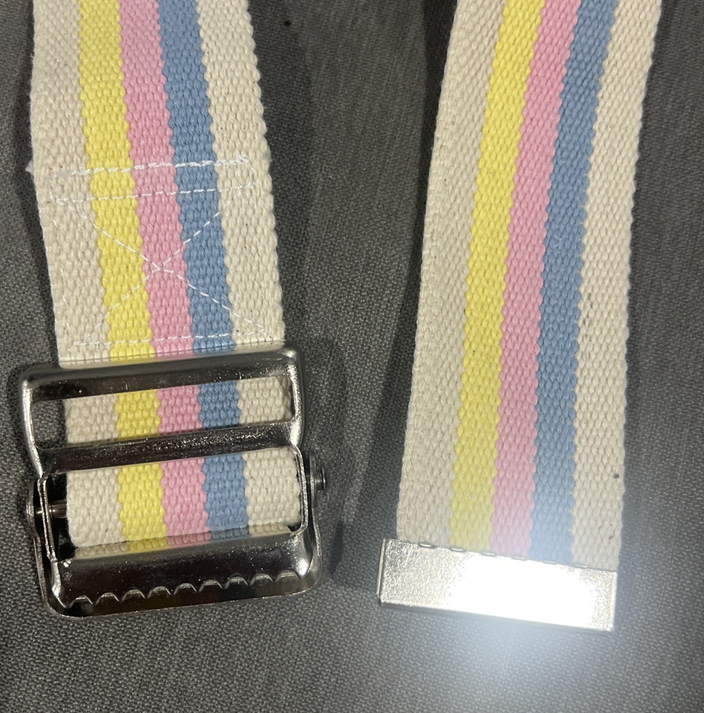 Lot of 2 Gait Belt w/Metal Buckle 60” & 55” Striped Rainbow and Navy Blue EUC