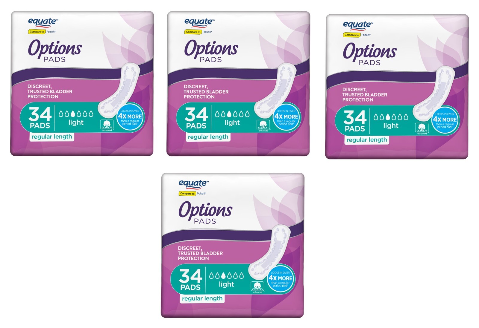 4 Pack of 34 Equate Options Women Incontinence Pads Light Regular 136 Count