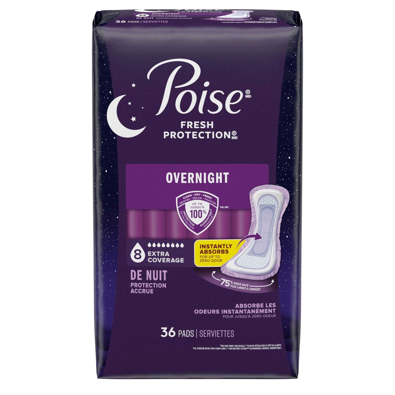 Poise Overnight Incontinence & Postpartum Pads for Bladder Leaks, 8 Drop Extra