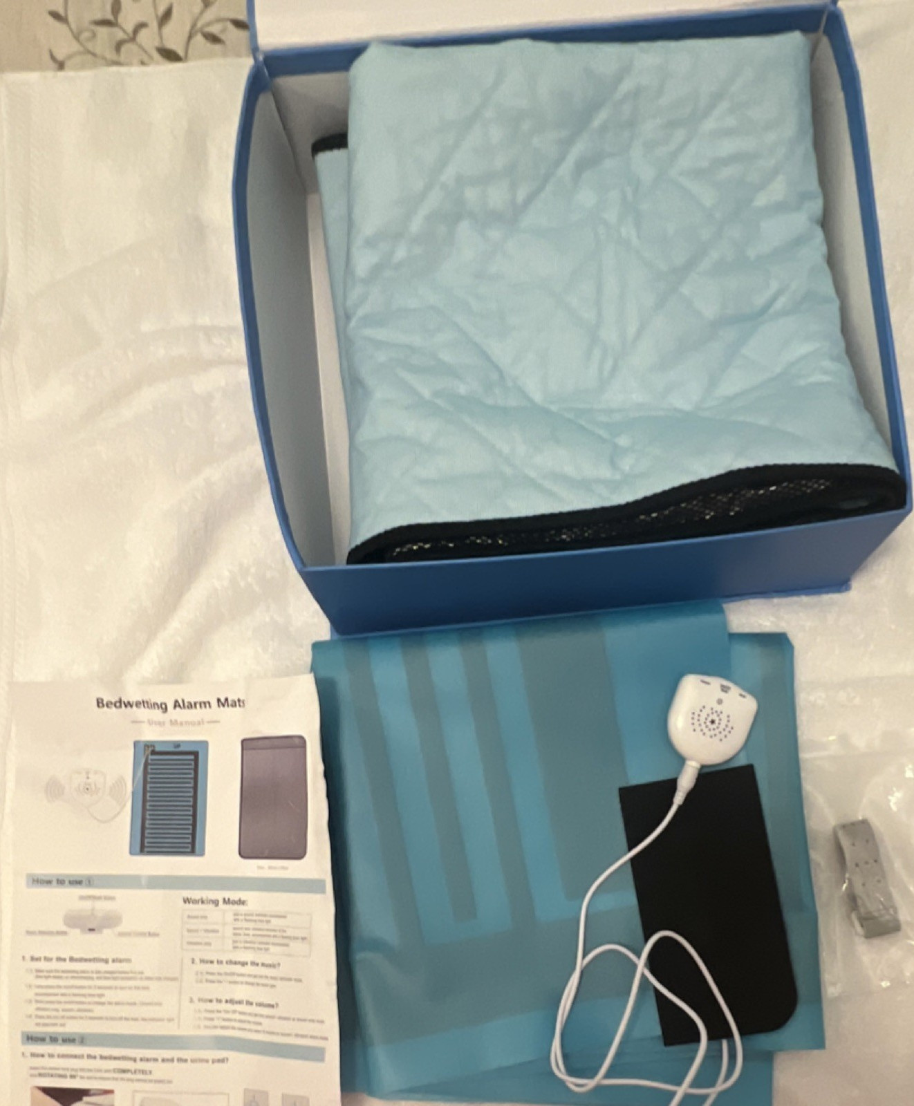 Bedwetting Alarm Mat with Sensor, Blue, Black, White, Open Box