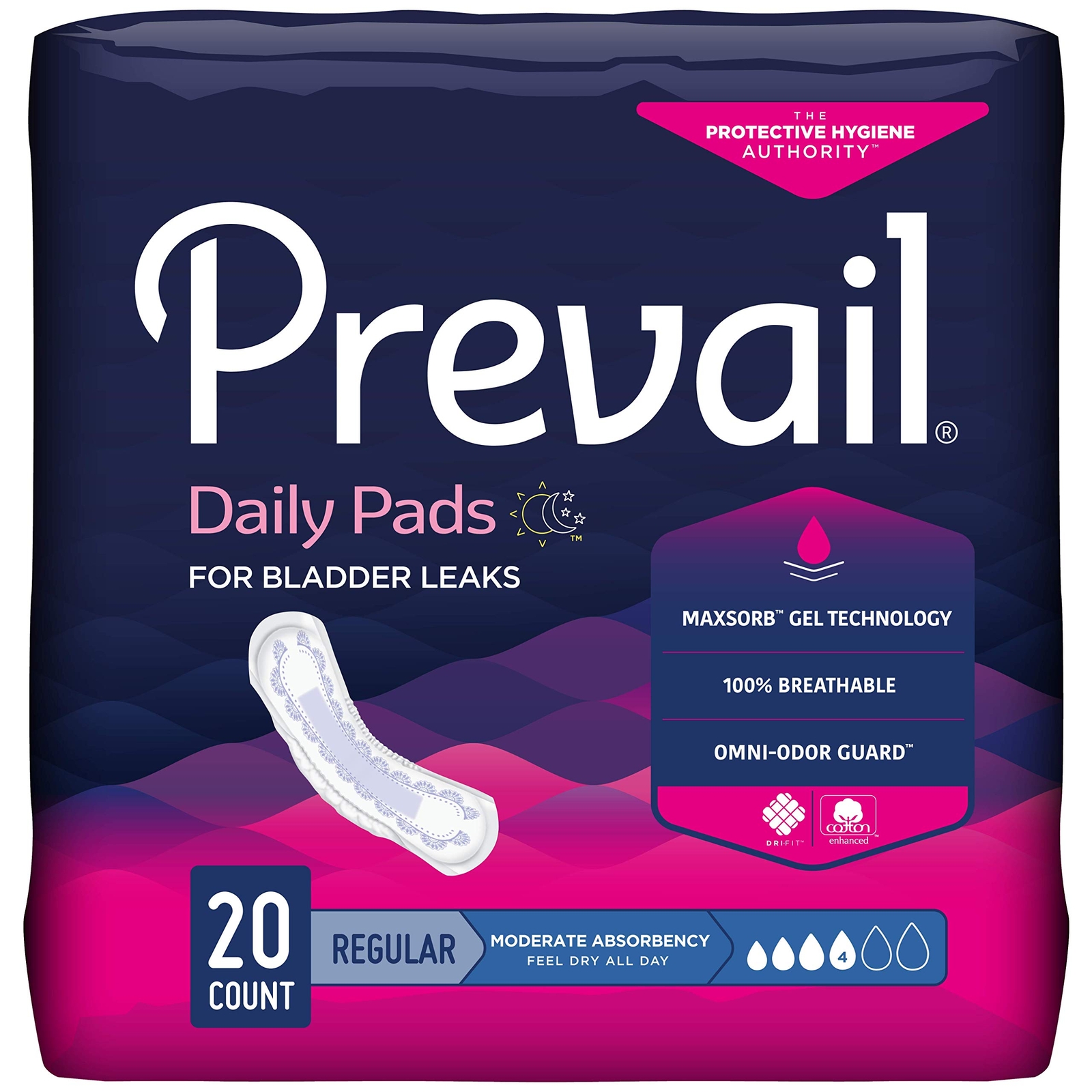 Prevail Bladder Control Pads 20 Count Pack Discreet Comfort Absorbent Protection