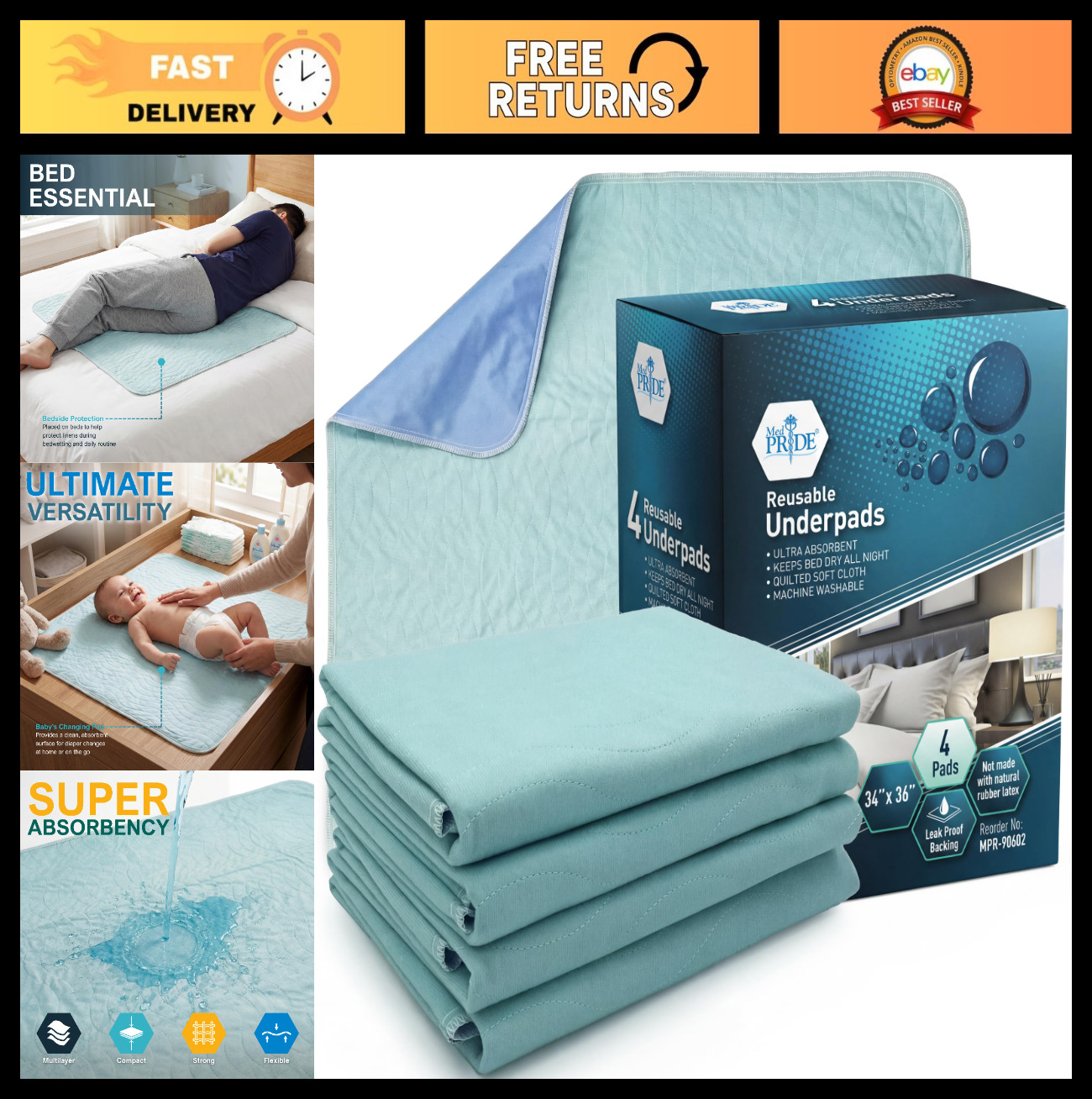 Reusable Underpads 34×36 Inch, 4 Pack Washable Bed Pads, Waterproof Incontinence